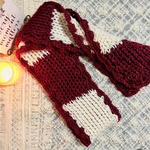 Handmade crochet scarf with scalloped edges & rich burgundy and cream design!